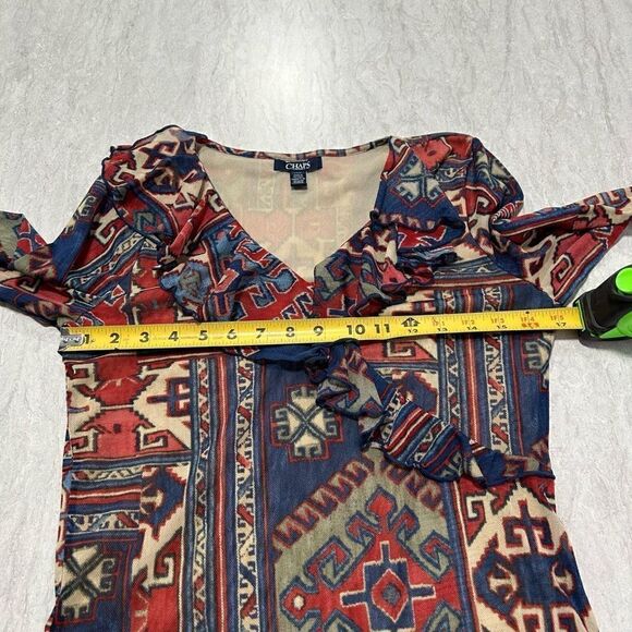 Chaps Ralph Lauren Women’s Red Blue Aztec Ruffle V Neck Mesh Top Size L - Picture 8 of 12